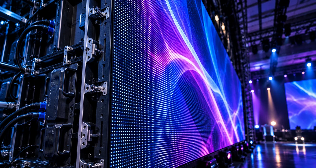 Painel de LED profissional: gabinetes com conectores e a matriz de pixels acesa