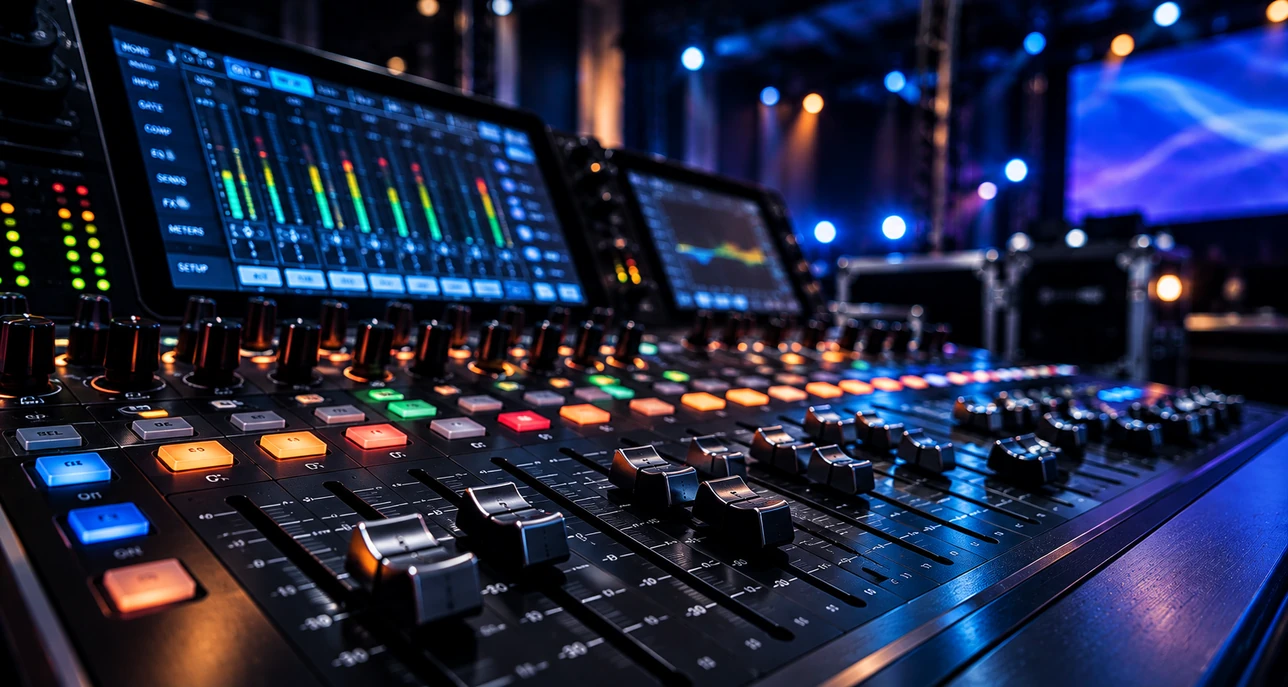 Mesa de som digital profissional com faders e displays iluminados