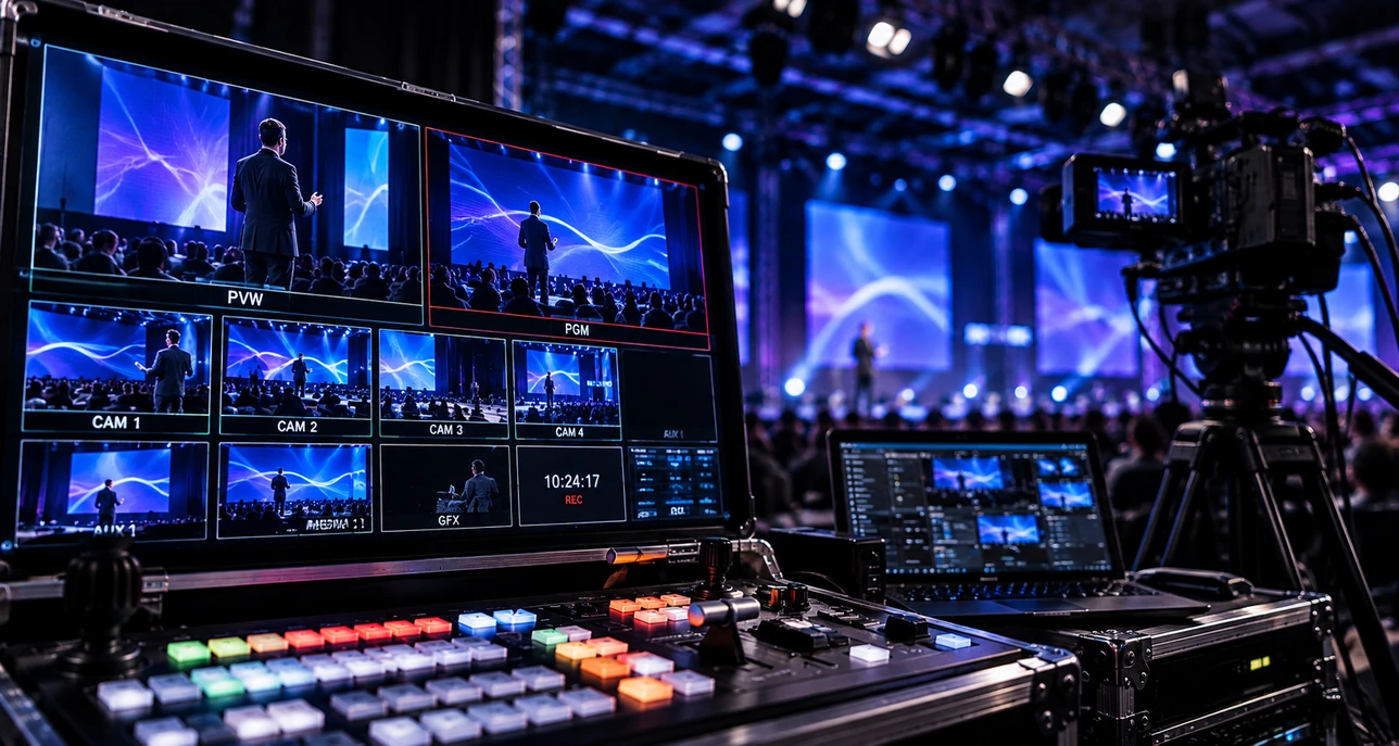Produção de vídeo ao vivo com multiview, switcher e câmera em evento