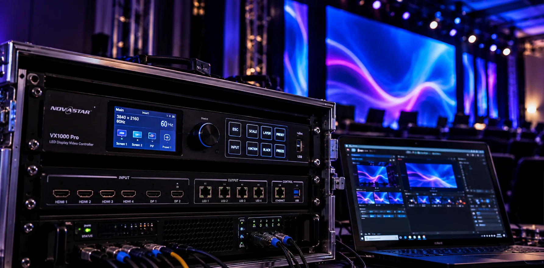 Processadora de vídeo para painel de LED em rack, com notebook de controle