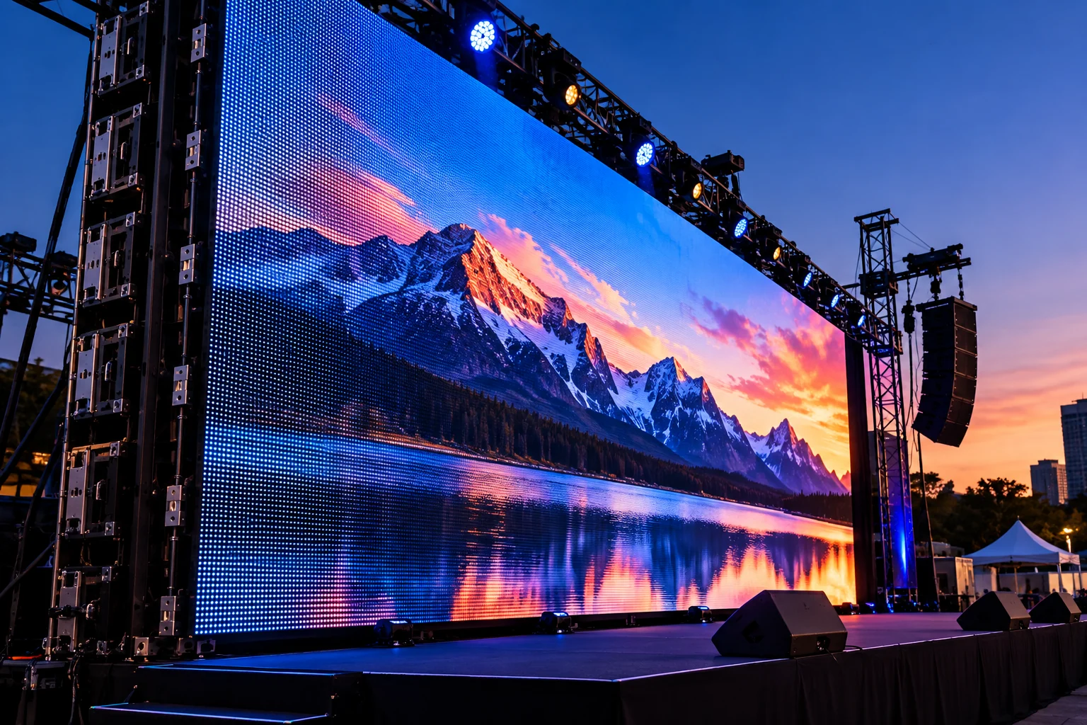 Painel de LED outdoor modular em palco ao ar livre ao entardecer