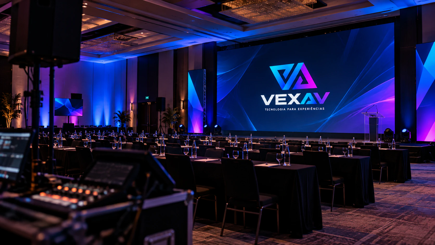 Salão de evento corporativo montado pela VEXAV, com telão exibindo a marca, iluminação azul e violeta e mesa de som