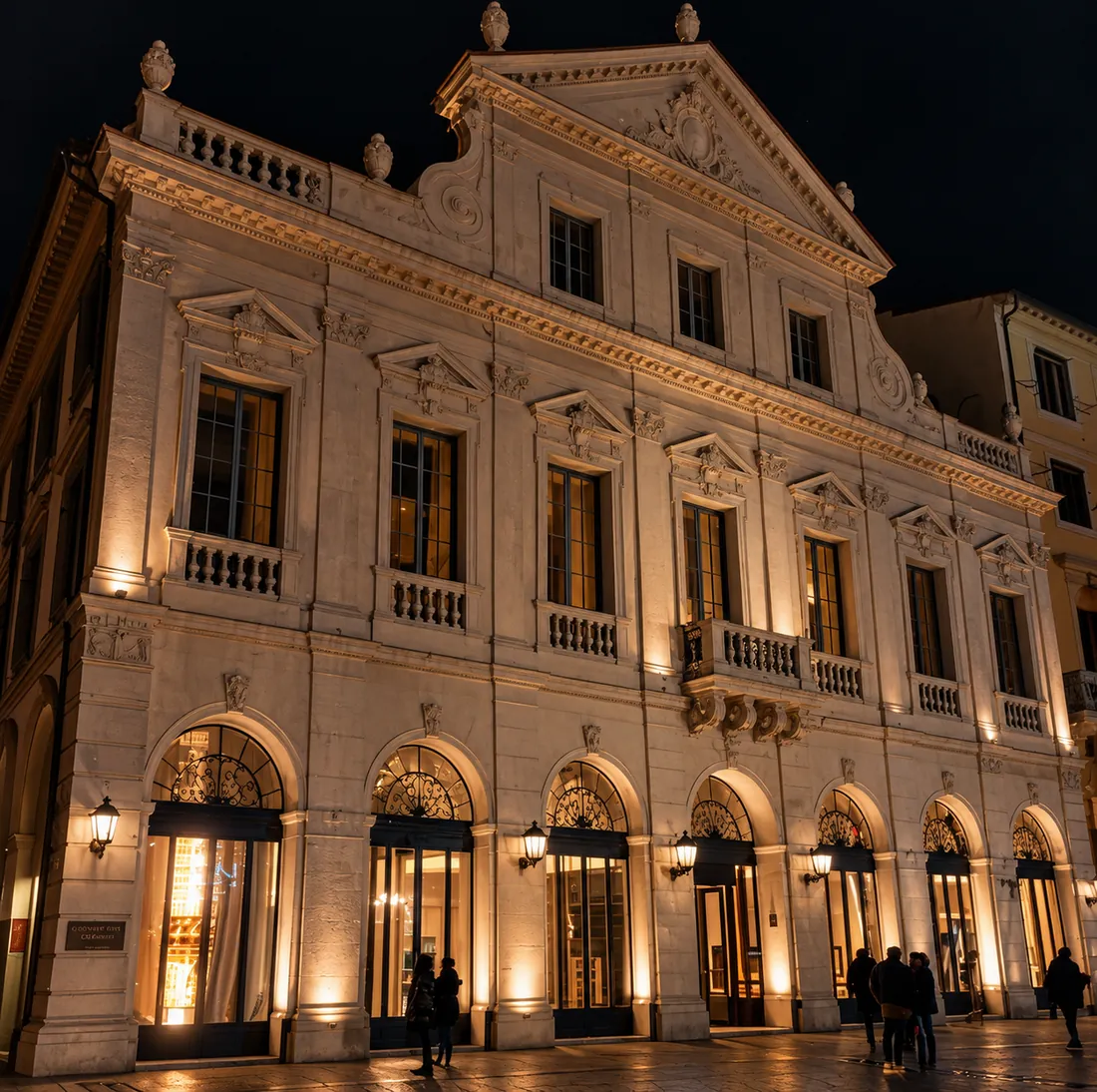 Fachada histórica iluminada à noite, antes da projeção mapeada