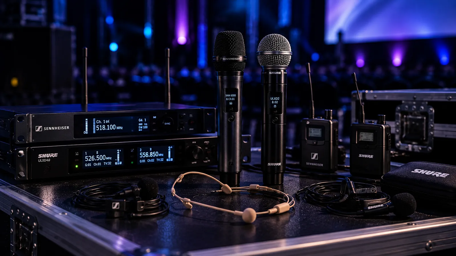 Microfones sem fio de mão, headset, lapela e receptores profissionais