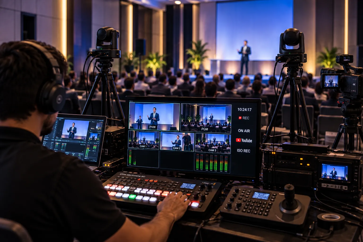 Operador em switcher de vídeo com câmeras e monitores durante transmissão ao vivo de evento