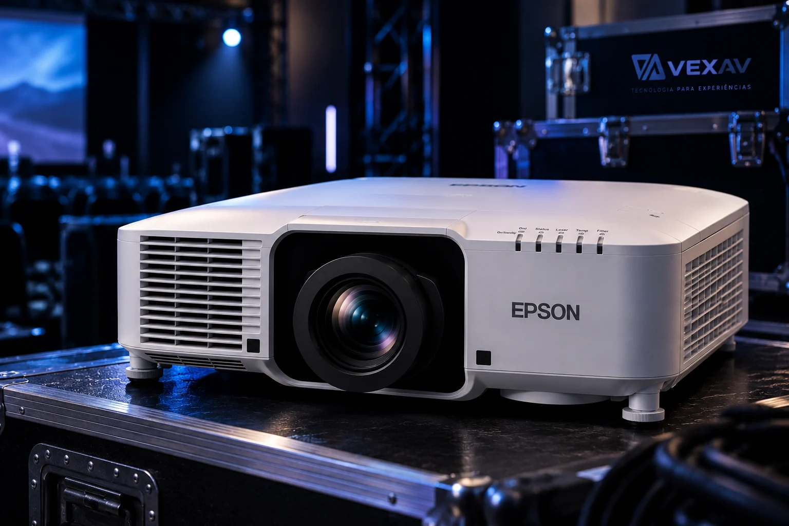 Projetor laser Epson Pro L1060U de 6.000 lumens sobre case em ambiente de evento