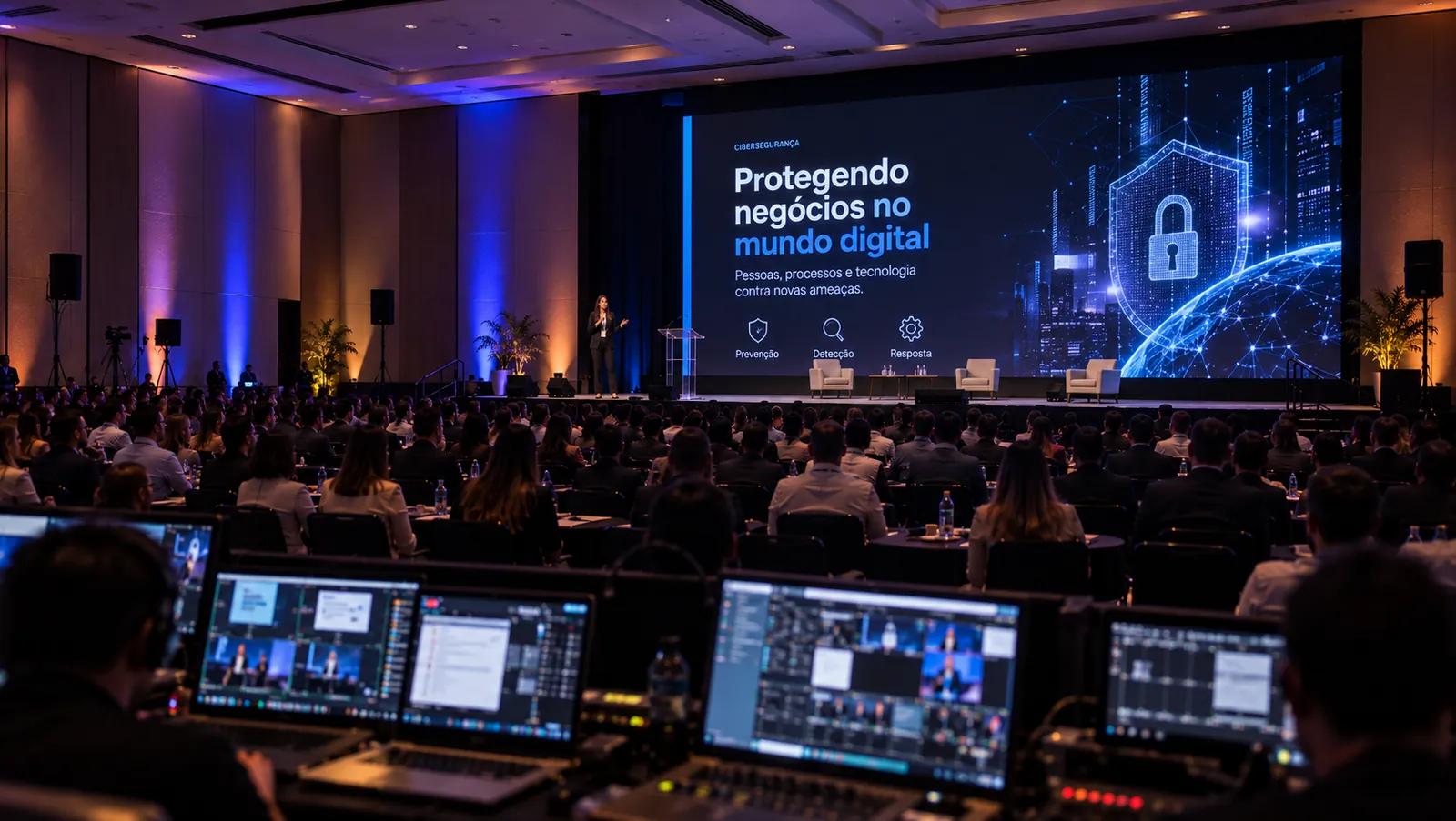 Grande evento com produção audiovisual completa, telão de grande formato e mesa de operação técnica