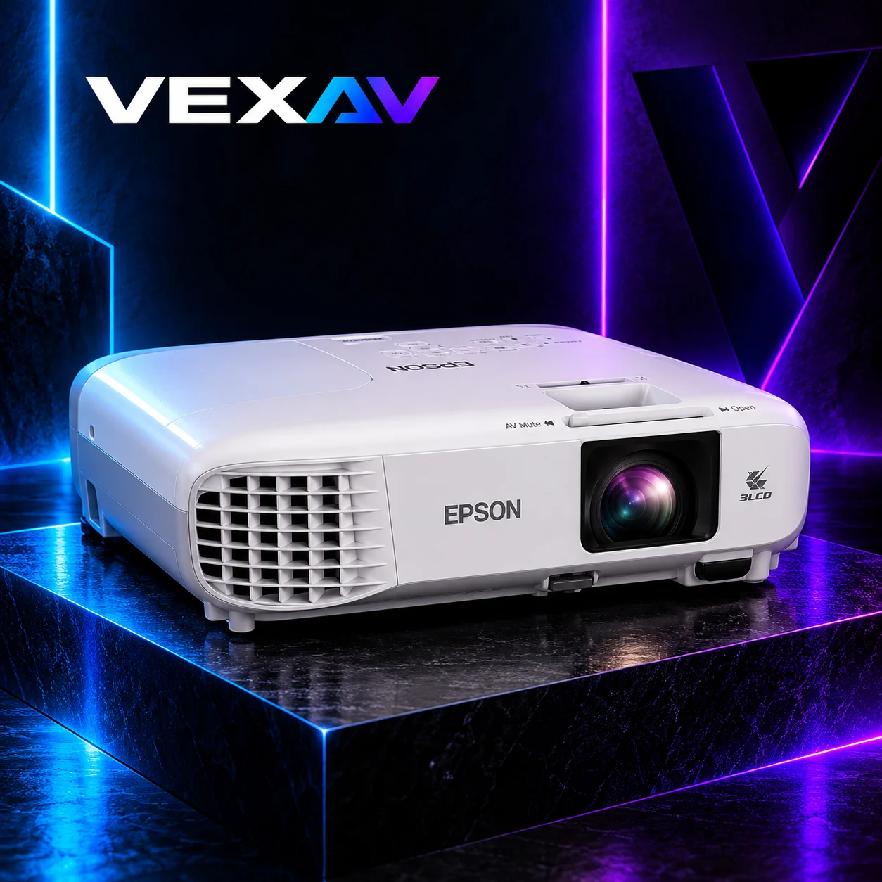 Projetor Epson PowerLite X39 em cenário escuro com iluminação azul e roxa