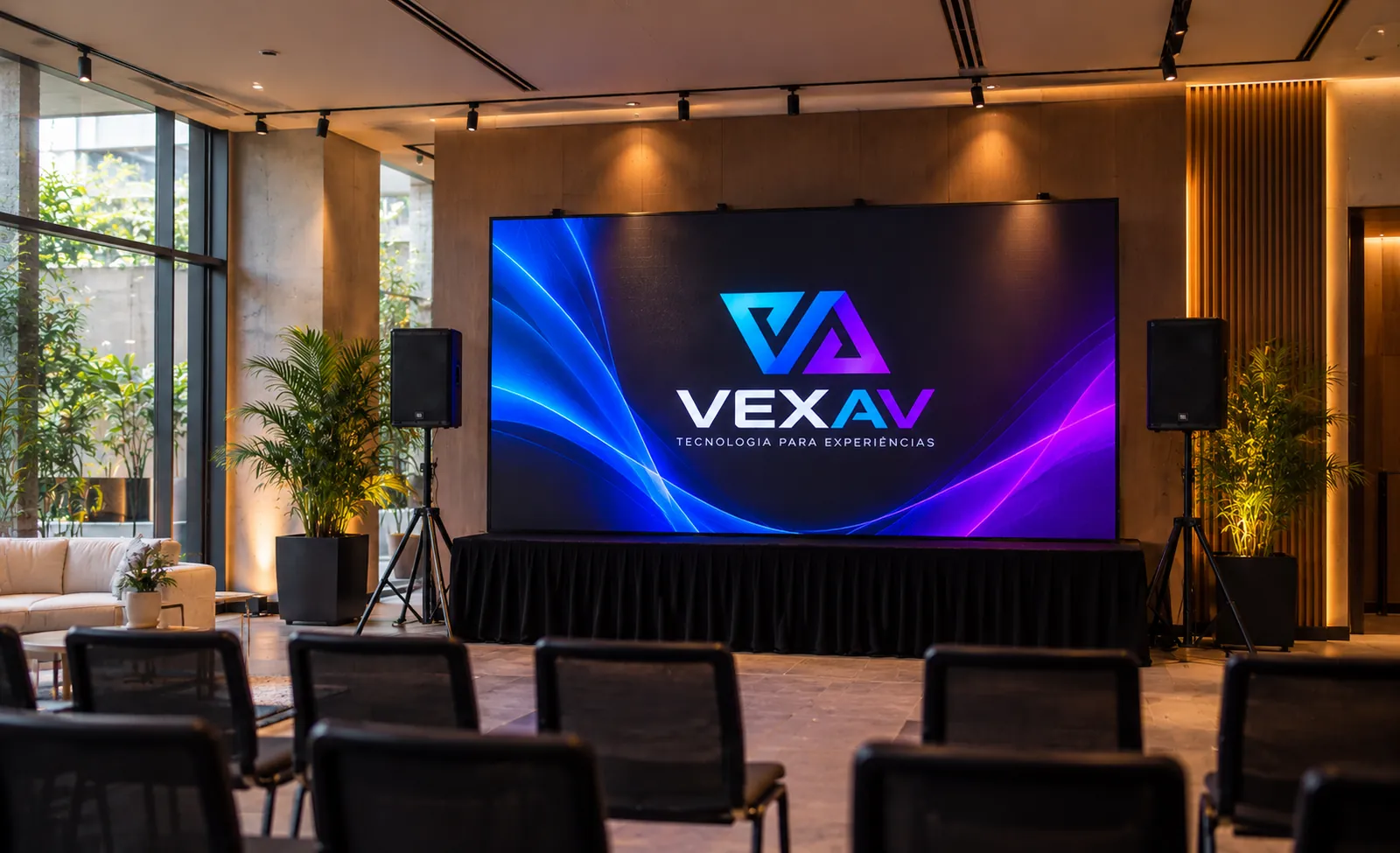 Painel de LED de grande formato em palco de evento corporativo