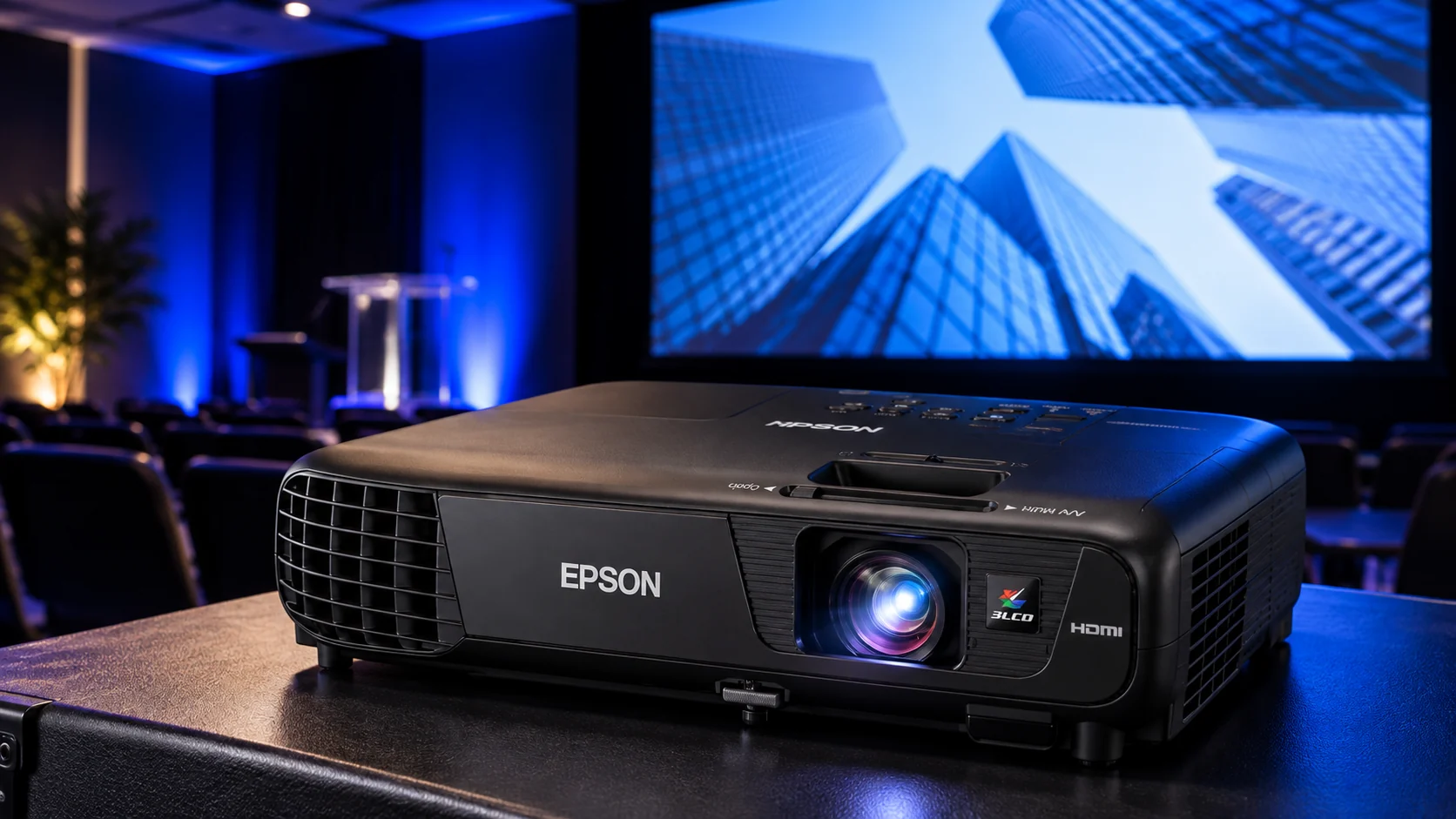 Projetor Epson PowerLite S31+ em sala de apresentação corporativa com tela ao fundo