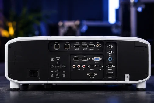 Painel traseiro do Epson Pro L1060U com as conexões de vídeo e controle