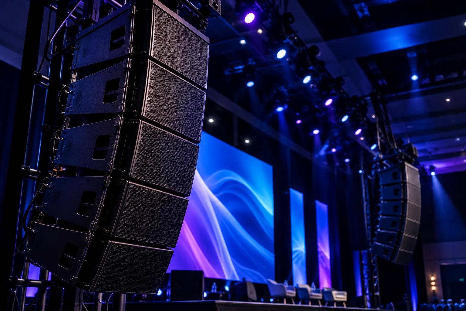 Sistema de som line array suspenso em evento