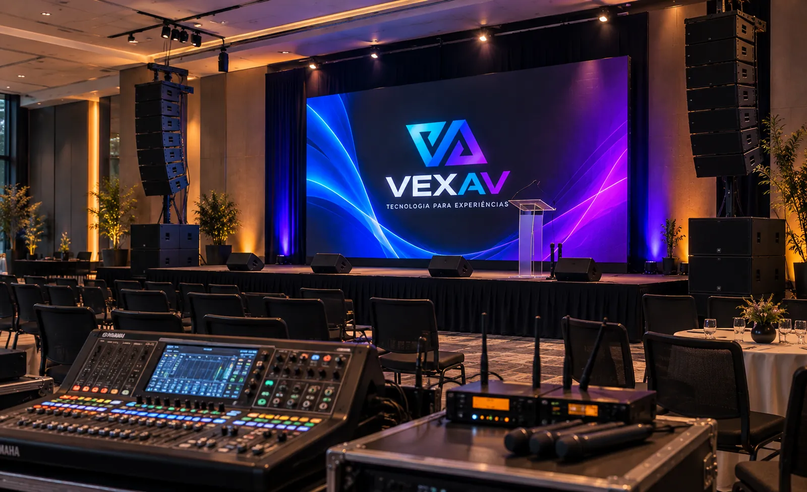 Sonorização profissional com mesa digital, microfones sem fio e caixas line array em evento