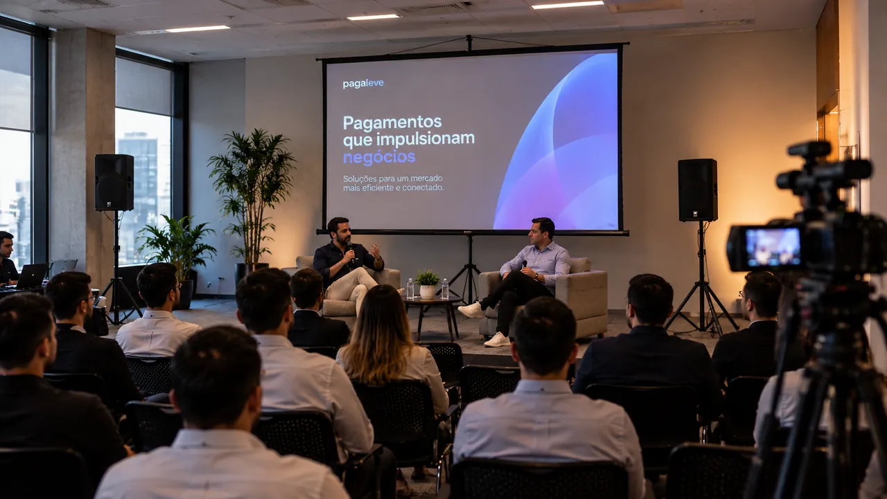 Câmera 1: plano geral do evento com palco, telão e plateia