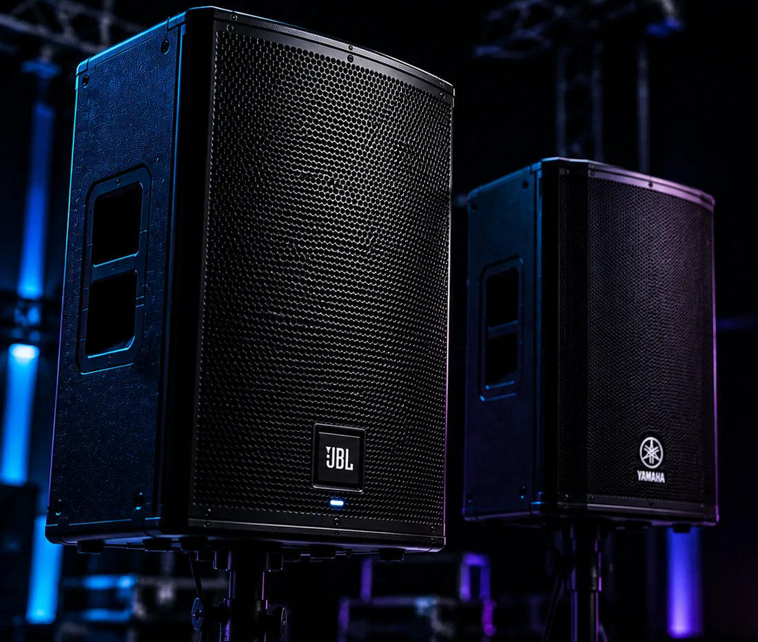 Caixas de som profissionais ativas para sistema de PA em evento