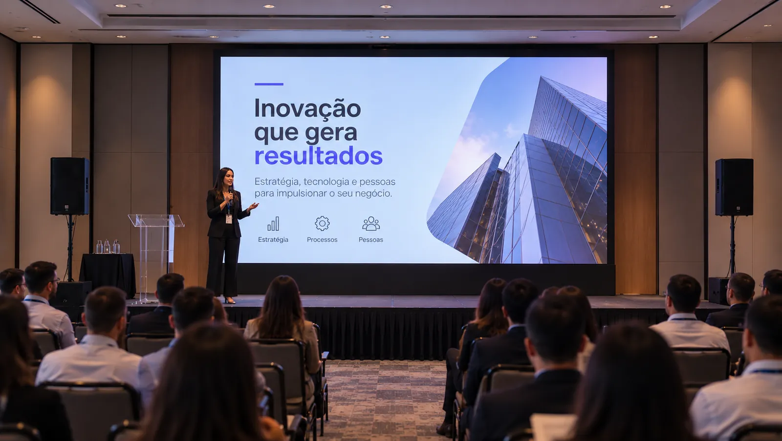 Evento corporativo de médio porte com palco, telão e sonorização profissional
