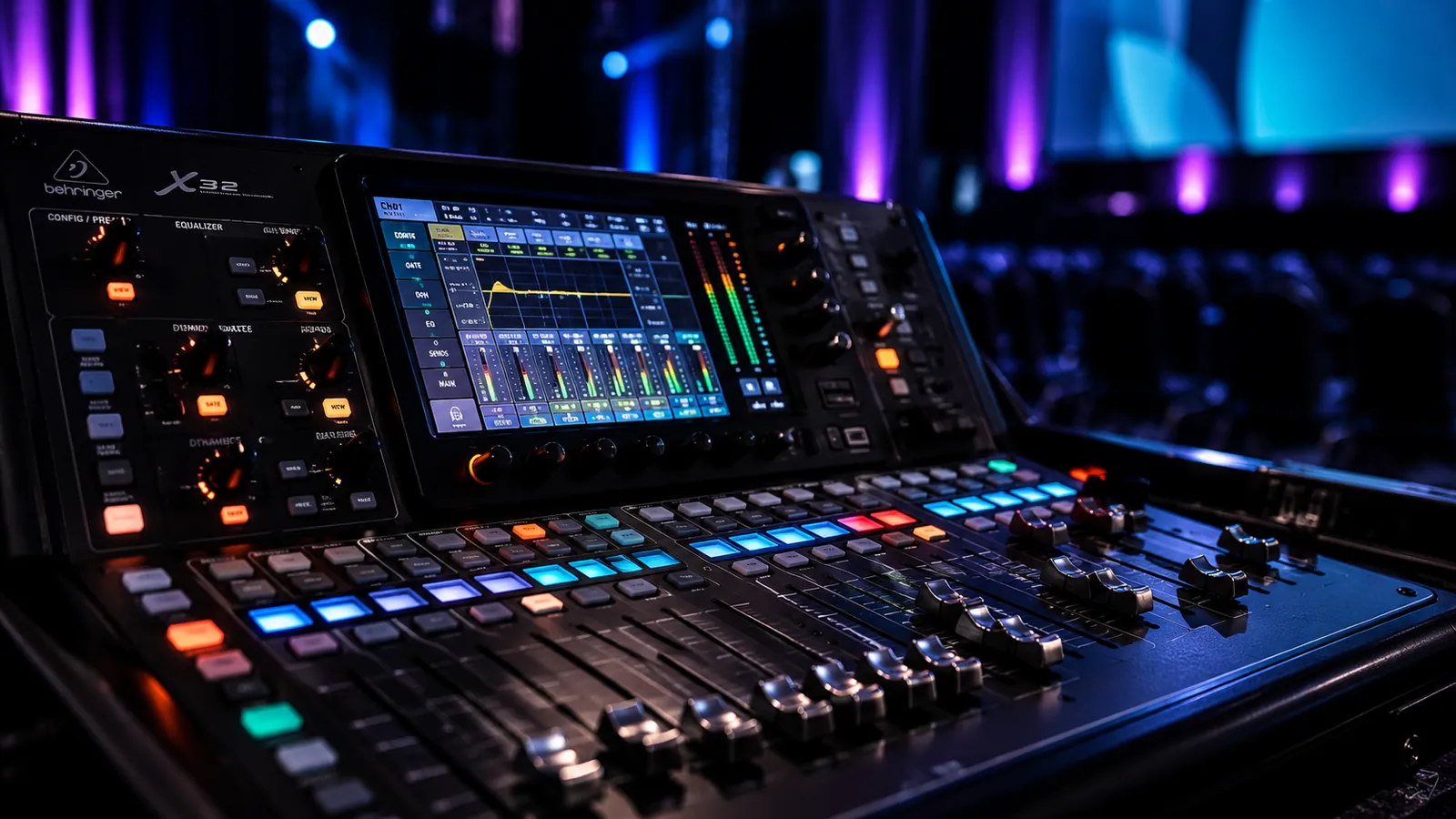 Mesa de som digital com faders e tela de mixagem durante evento