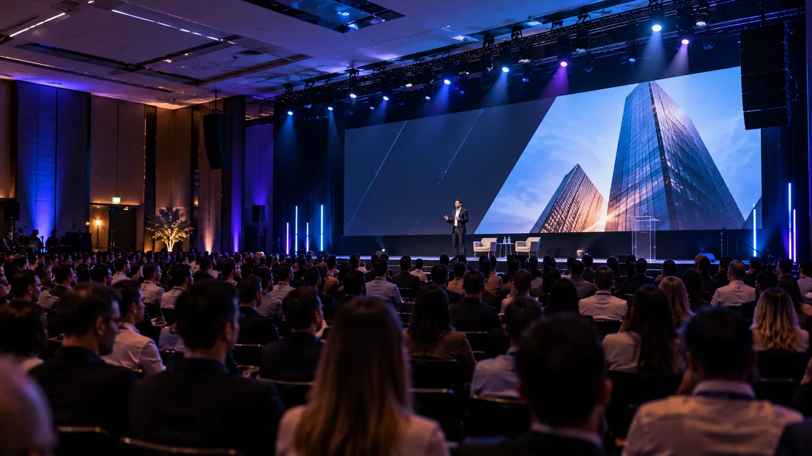 Convenção corporativa com telão de grande formato, palco iluminado e plateia